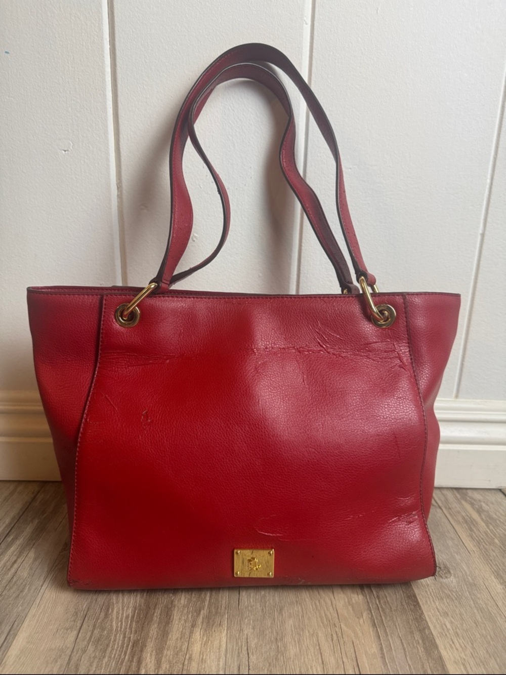 Ralph Lauren Red Leather Tote Bag Gold Logo Large Shoulder Bag